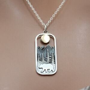 Sterling Silver Rectangle Bear Charm with Bronze Sun Necklace